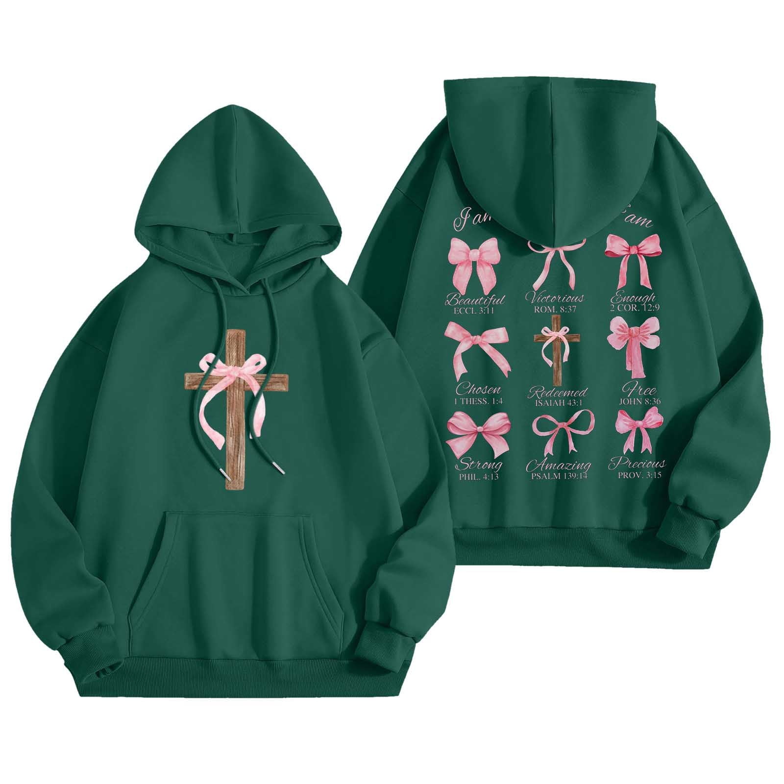 XIAOCHA Womens Hoodies Long Sleeve Cross Pink Bows Print Hooded Sweatshirts Loose Fit Kangaroo Pocket Drawstring Pullover Hooded