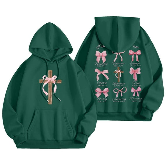 XIAOCHA Womens Hoodies Long Sleeve Cross Pink Bows Print Hooded Sweatshirts Loose Fit Kangaroo Pocket Drawstring Pullover Hooded