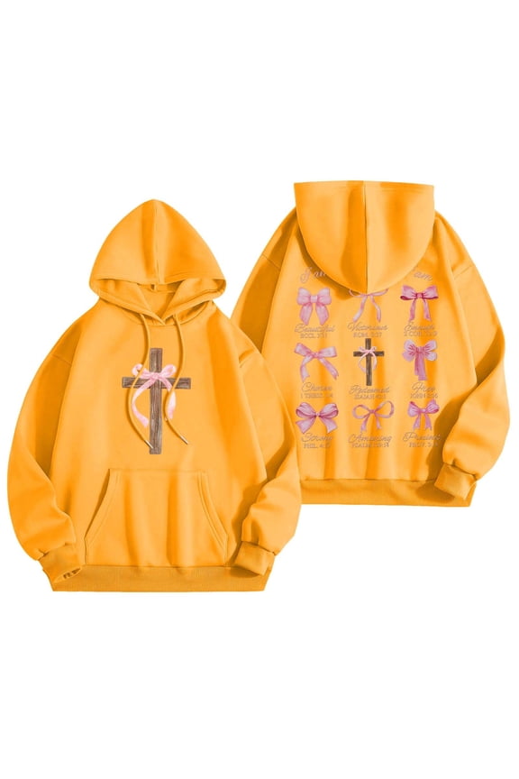 Womens Hoodies Long Sleeve Cross Pink Bows Print Hooded Sweatshirts Loose Fit Kangaroo Pocket Drawstring Pullover Hooded
