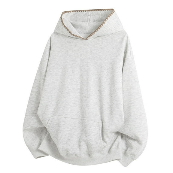 XIAOCHA Womens Hoodies Loose Fit Long Sleeve Scalloped Trim Hooded Sweatshirt Solid Color Oversized Kangaroo Pocket Streetwear Top Grey
