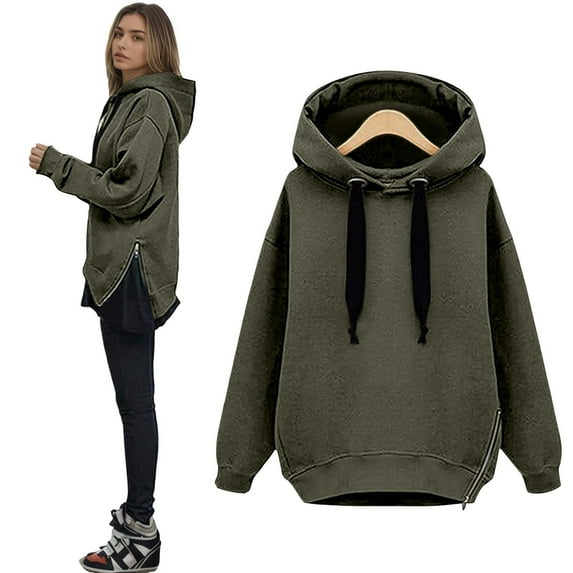 XIAOCHA Womens Hoodies Side Zippers Long Sleeve Solid Color Hooded Sweatshirt Loose Fit Trendy Drawstring Sport Hoodeie Top Streetwear Green