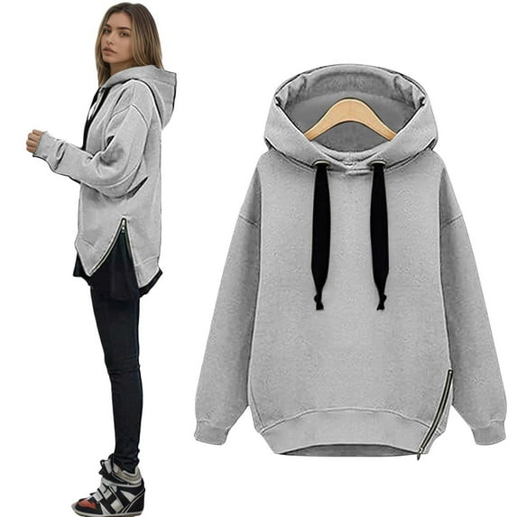 XIAOCHA Womens Hoodies Side Zippers Long Sleeve Solid Color Hooded Sweatshirt Loose Fit Trendy Drawstring Sport Hoodeie Top Streetwear Grey