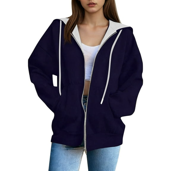 XIAOCHA Womens Hoodies Trendy White Drawstrings Zip Up Hooded Jacket Loose Long Sleeve Solid Color Pockets Hoodie Coat Streetwear Navy