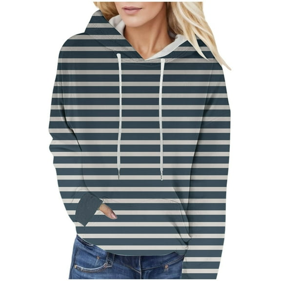 XIAOCHA Womens Hoodies White Striped Hoodie Long Sleeve Pullover Sweatshirt Kangaroo Pocket Oversized Casual Drawstring Hoodie Daily Wear