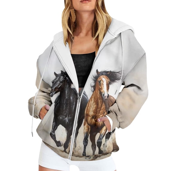 XIAOCHA Womens Horse Print Zip Up Hoodie Drawstring Pocket Outdoor Walking Oversized Hooded Coat