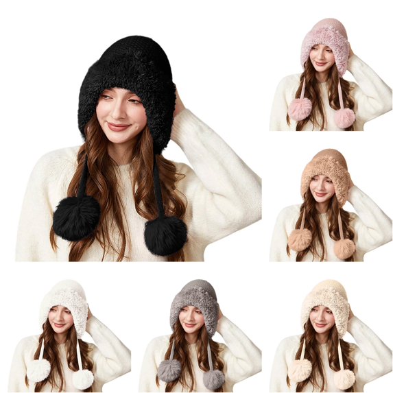 XIAOCHA Womens Knit Ear‑Flap Beanie Pom‑Pom Solid Color Windproof Ski Trapper Hat,Black