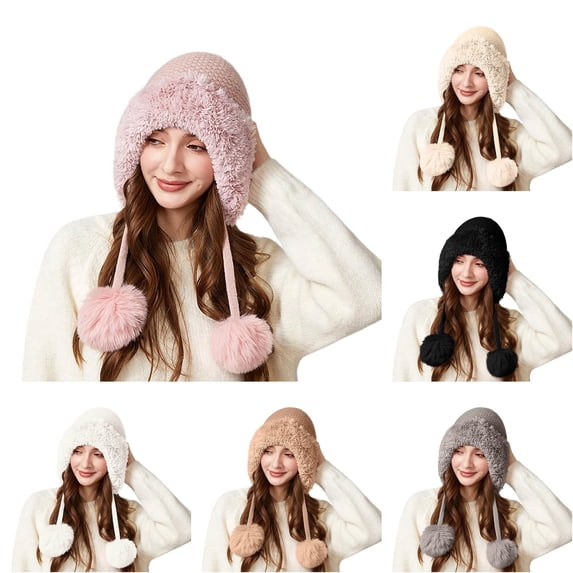 XIAOCHA Womens Knit Ear‑Flap Beanie Pom‑Pom Solid Color Windproof Ski Trapper Hat,Pink