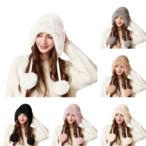 XIAOCHA Womens Knit Ear‑Flap Beanie Pom‑Pom Solid Color Windproof Ski Trapper Hat,White