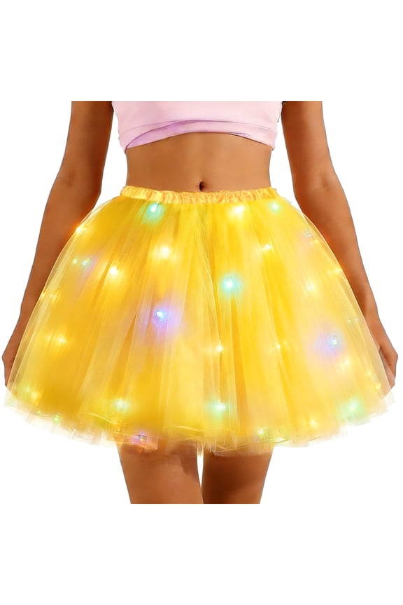 Womens LED Light Up Tulle Tutu Skirt Elastic Waist Fluffy Layered Party Rave Mini Skirt