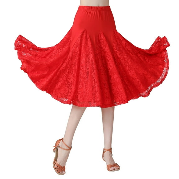 XIAOCHA Womens Lace Dance Skirt Large Swing Half Skirt High Waisted Flared Skirt Ballroom Practice Performance Skirt