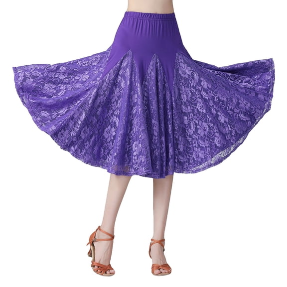 XIAOCHA Womens Lace Dance Skirt Large Swing Half Skirt High Waisted Flared Skirt Ballroom Practice Performance Skirt