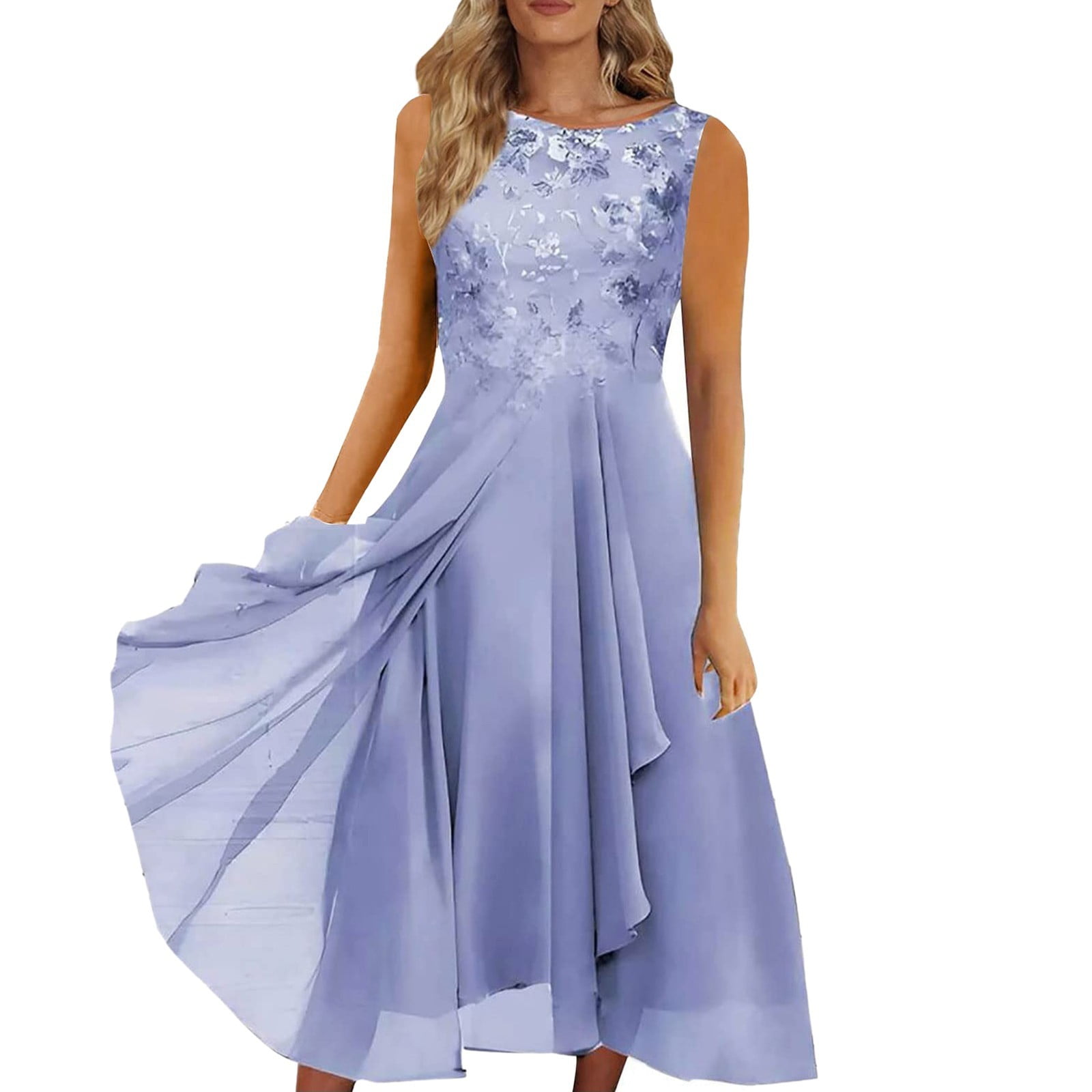 XIAOCHA Womens Lace Dress Flared Chiffon Sleeveless Round Neck Evening Gown Flowy Elegant Party Dresses