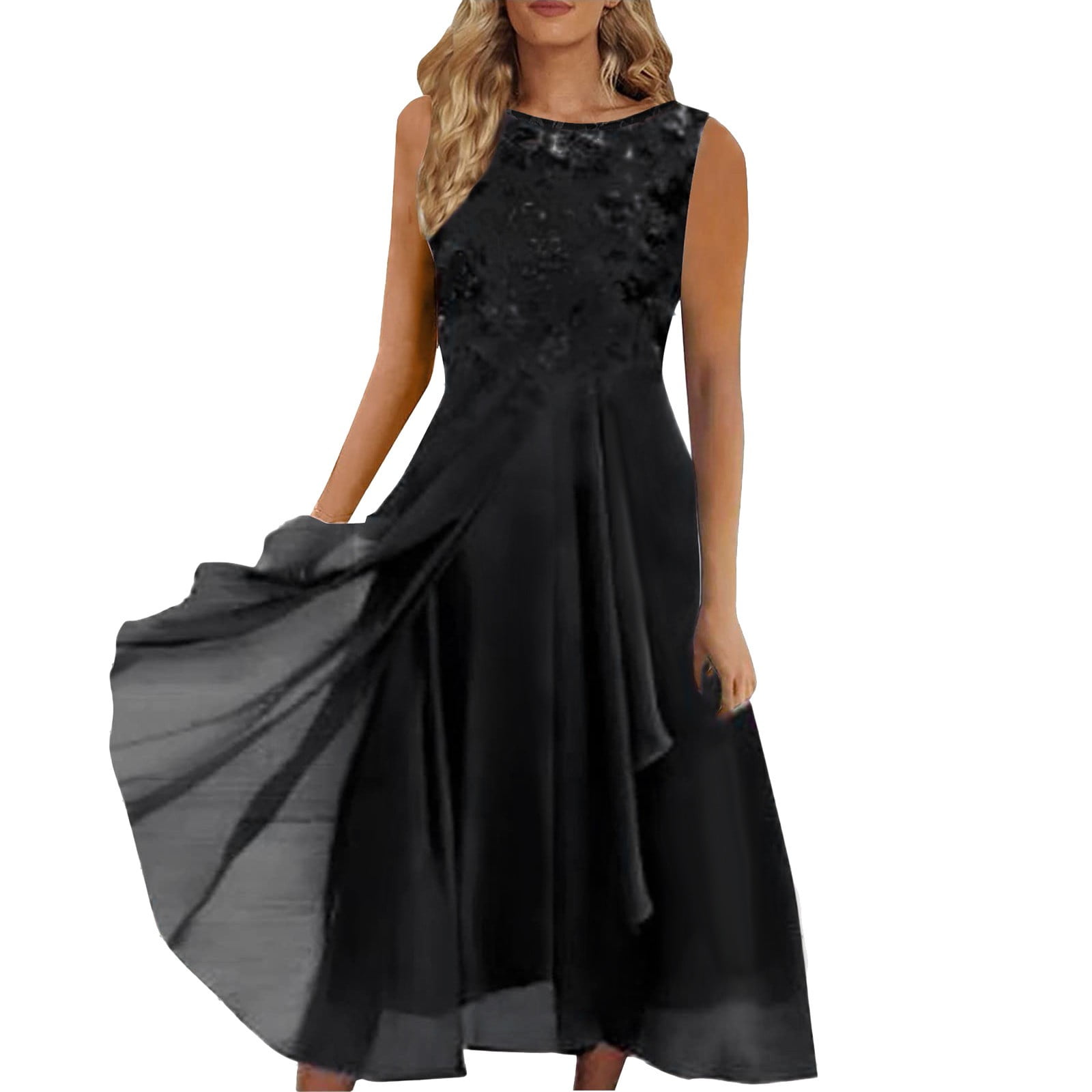 XIAOCHA Womens Lace Dress Flared Chiffon Sleeveless Round Neck Evening Gown Flowy Elegant Party Dresses