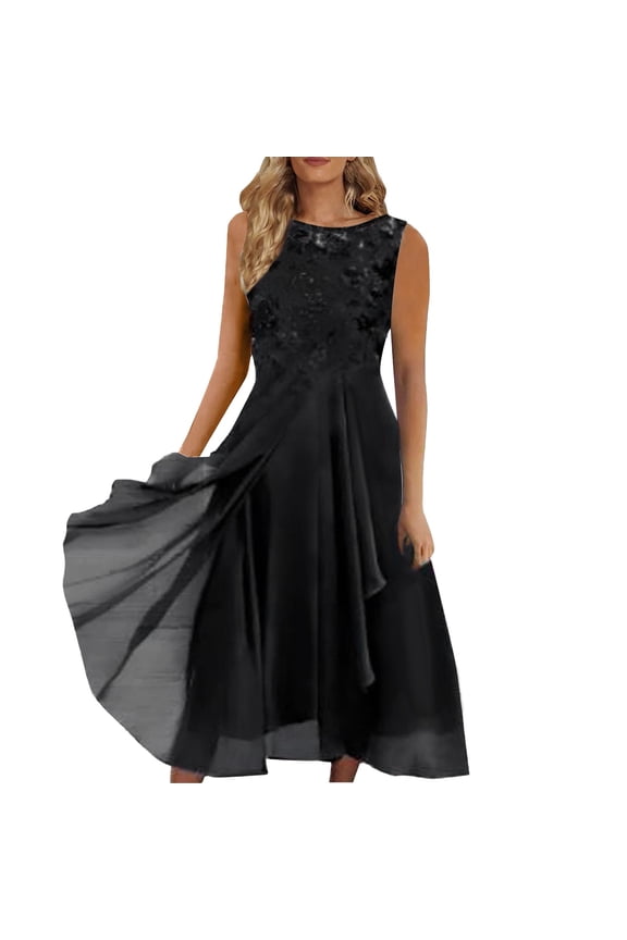 Womens Lace Dress Flared Chiffon Sleeveless Round Neck Evening Gown Flowy Elegant Party Dresses