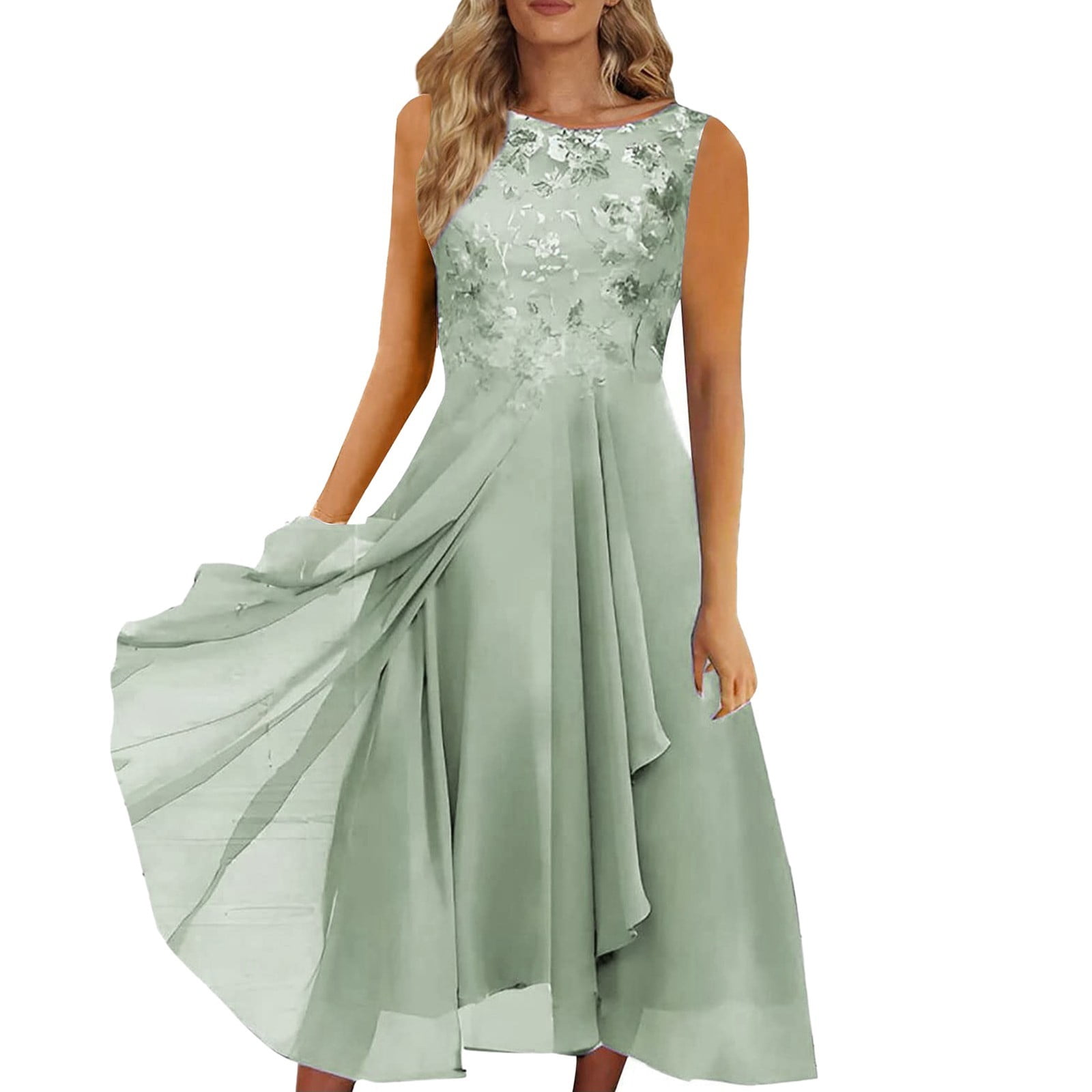 XIAOCHA Womens Lace Dress Flared Chiffon Sleeveless Round Neck Evening Gown Flowy Elegant Party Dresses