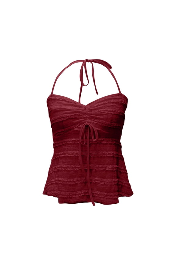 Womens Lace Halter Tops Sleeveless Sweetheart Ruched Pullover Top Flowy Casual Beach Party Tops