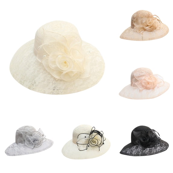 XIAOCHA Womens Lace‑Rose Wide‑Brim Hat Solid Sun Hat Party Hat,Beige