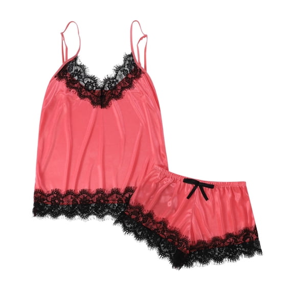 XIAOCHA Womens Lace Trim Satin Pajama Set Loose Camisole V Neck Sleepwear Smooth Elegant Sleep Pajamas Set