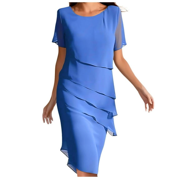 XIAOCHA Womens Layered Chiffon Dress Flowy Short Sleeve Crew Neck Midi Dress Lightweight Elegant Office Dresses