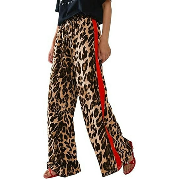 XIAOCHA Womens Leopard Print Red Stripe Wide Leg Pants Elastic Waist Trousers Lightweight Animal Print Casual Party Slacks