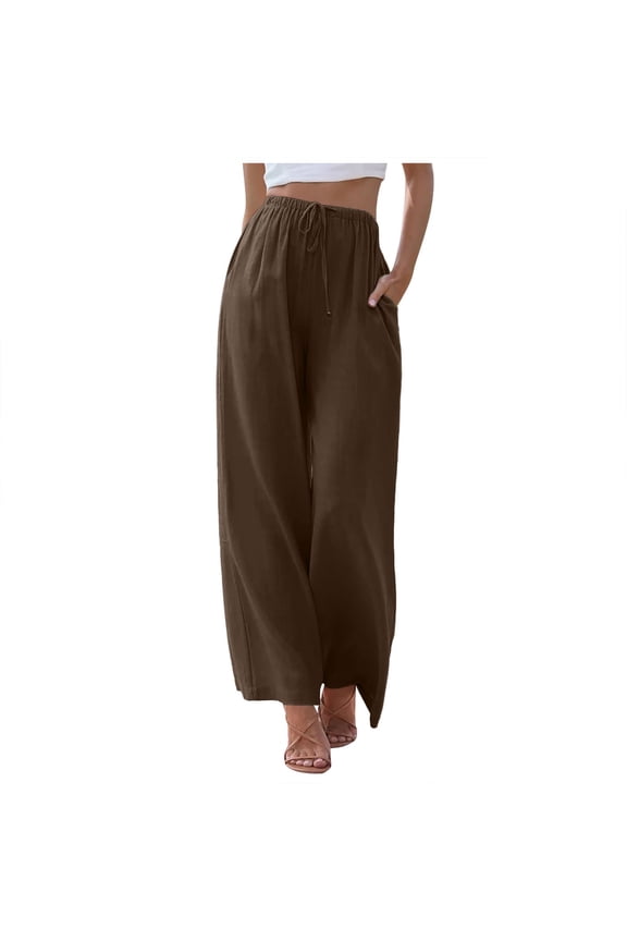 Womens Lightweight Linen Wide Leg Full Length Drawstring Waist Pant Breezy Casual Beach Bottoms
