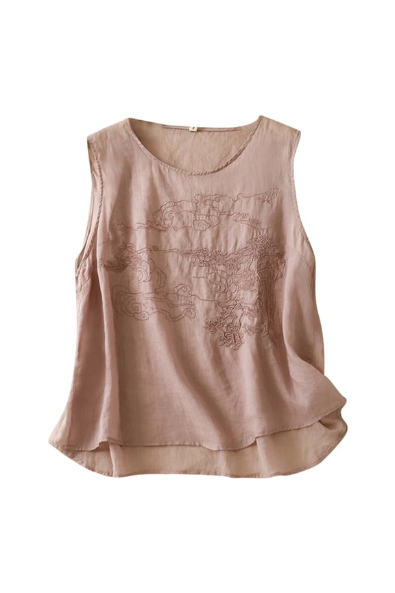 Womens Linen Embroidered Tank Top Sleeveless Crewneck Pullover Blouse Breathable Artistic Casual Tanks