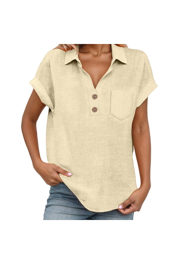 Womens Linen Henley Blouse Oversized Short Sleeve Collared Shirt Breathable Relaxed Weekend Blouses