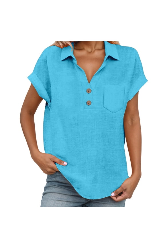 Womens Linen Henley Blouse Oversized Short Sleeve Collared Shirt Breathable Relaxed Weekend Blouses