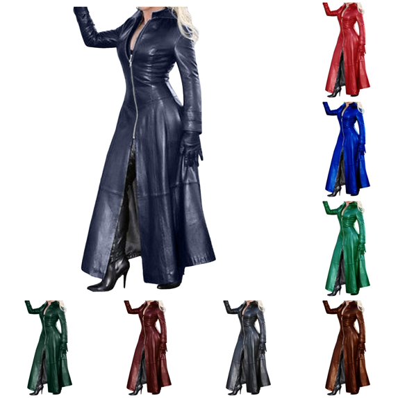 XIAOCHA Womens Long Leather Trench Coat Silhouette Zip Front Night Out Outerwear