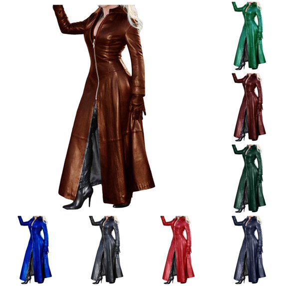 XIAOCHA Womens Long Leather Trench Coat Silhouette Zip Front Night Out Outerwear