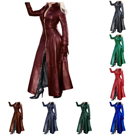 XIAOCHA Womens Long Leather Trench Coat Silhouette Zip Front Night Out Outerwear