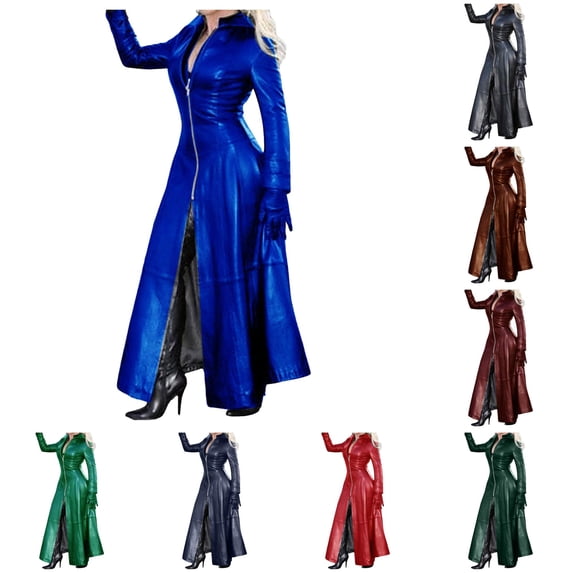 XIAOCHA Womens Long Leather Trench Coat Silhouette Zip Front Night Out Outerwear