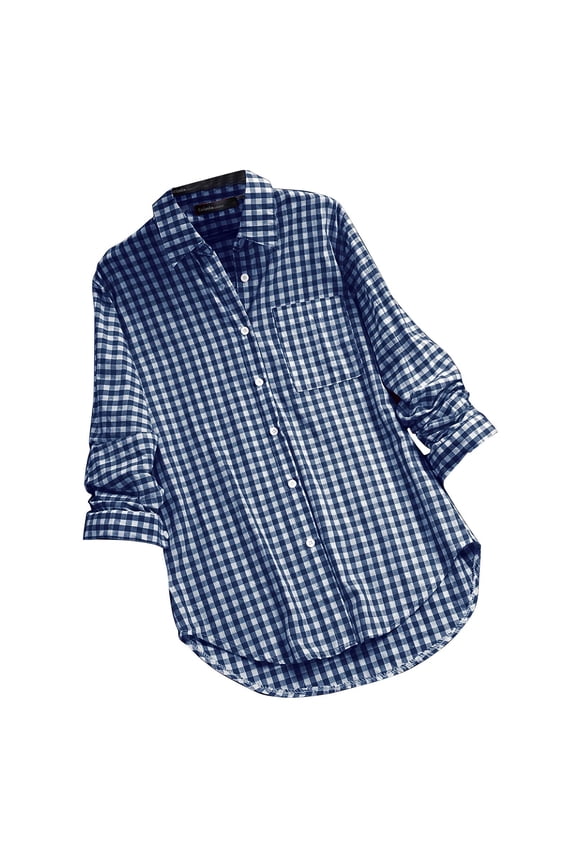 Womens Loose Fit Button Down Shirt Plaid Pattern Roll Tab Sleeve Everyday Casual Blouse Blue