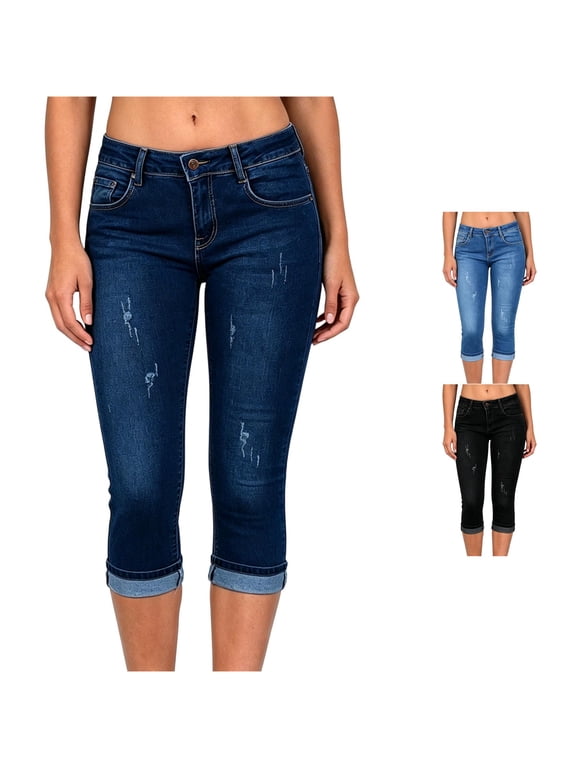 Womens Mid Rise Ripped Roll Capri Jeans Slim Fit Side Pocket Denim Crops