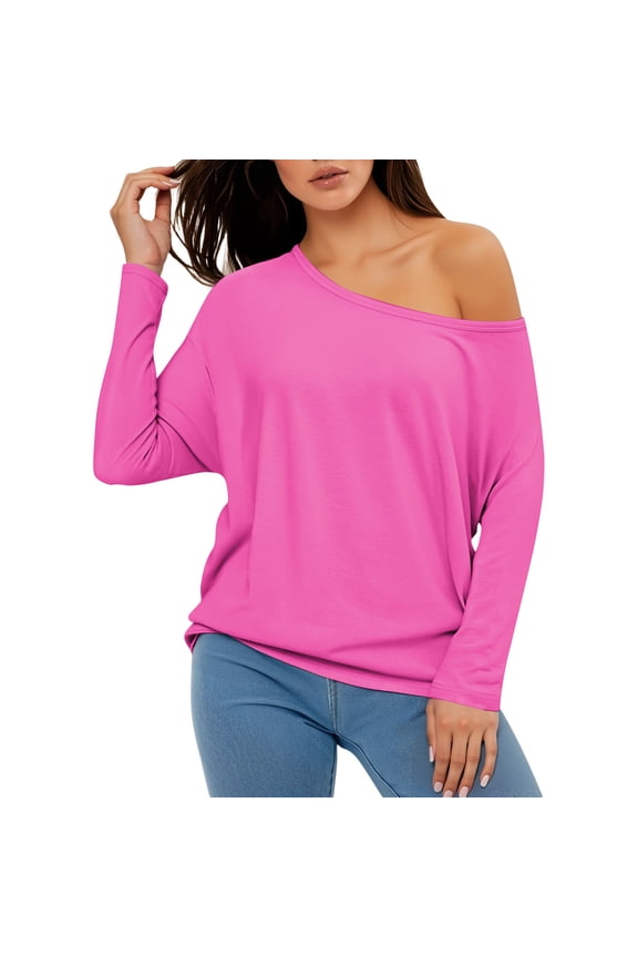 Womens Off Shoulder Tunic Top Long Sleeve Dolman Loose Asymmetrical Blouse Cozy Relaxed Weekend Casual Tee Shirts