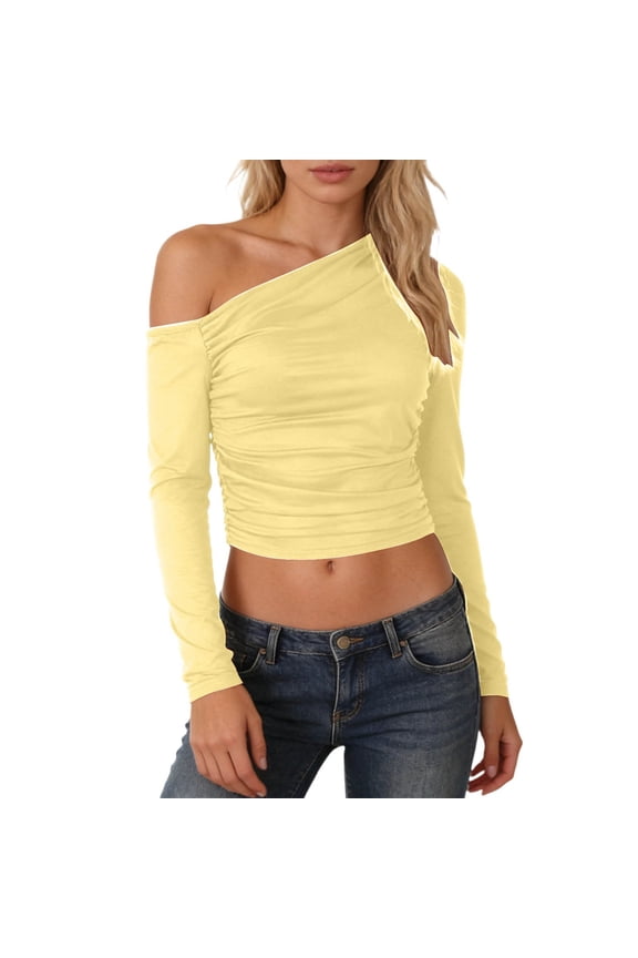 Womens One Shoulder Ruched Cropped Top Long Sleeve One Shoulder Pullover Blouse Stretchy Sexy Nightout Tops