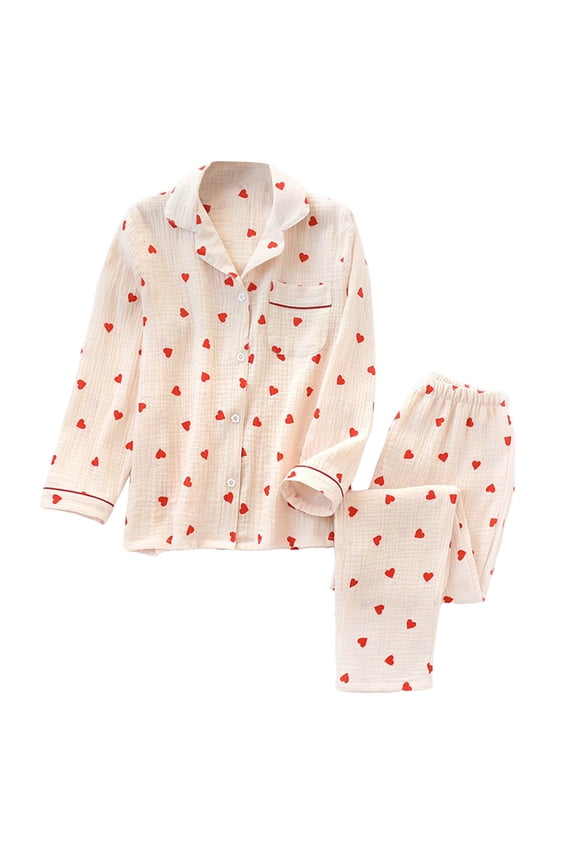 Womens Pajamas Set Long Sleeve Heart Print Cotton Loungewear With Button Front Soft Sleepwear