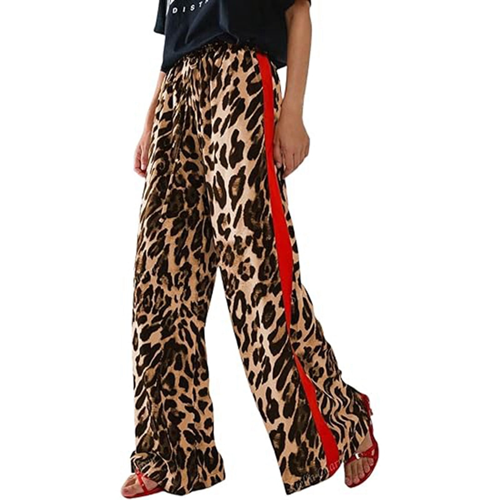Womens Pants Leopard Print Side Red Stripe Drawstring Wide Leg Pants Elastic High Waist Loose Oversized Daily Wear Trousers