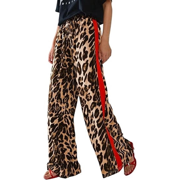 XIAOCHA Womens Pants Leopard Print Side Red Stripe Drawstring Wide Leg Pants Elastic High Waist Loose Oversized Daily Wear Trousers