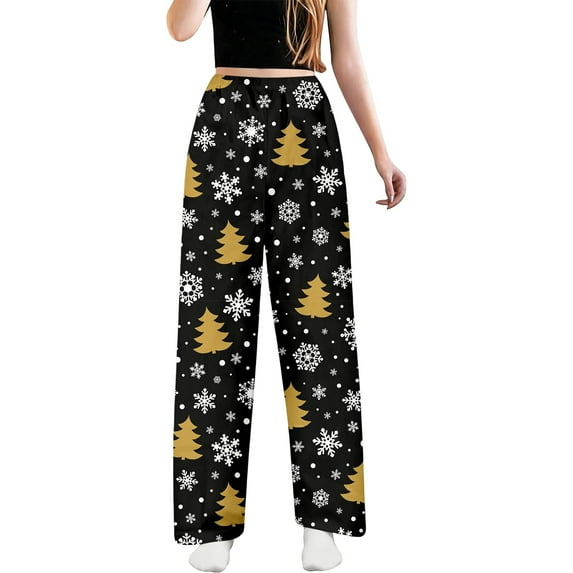 XIAOCHA Womens Pants Snowflake Christmas Tree Prints Loose Fit Sweatpants Elastic High Waisted Straight Leg Pants Holiday Wear