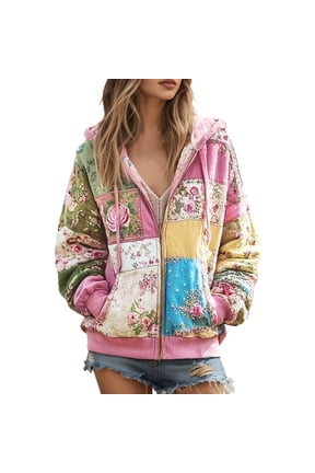 Womens Patchwork Floral Zip Up Hoodie Multi Panel Print Street Full Zip Sweatshirt