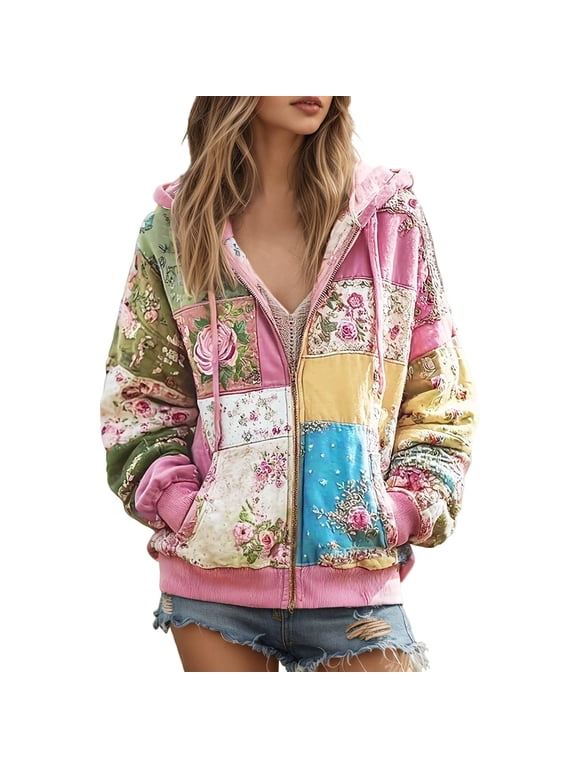 Womens Patchwork Floral Zip Up Hoodie Multi Panel Print Street Full Zip Sweatshirt