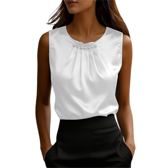 XIAOCHA Womens Pearl Embellished Satin Tank Top Sleeveless Crew Neck Pullover Top Silky Elegant office Tops