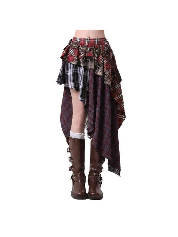 Womens Plaid High Low Maxi Skirt Asymmetrical Layered Gothic Punk Party Skirt