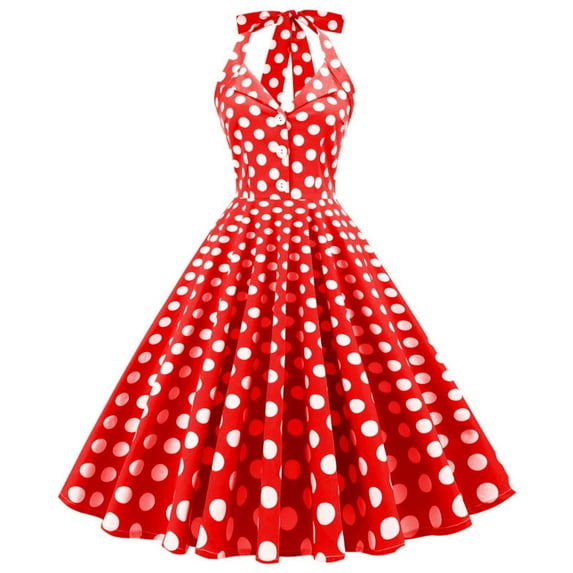XIAOCHA Womens Polka Dot Halter Dress Button Front Halter Tie Flared Hem Vintage Style Party Prom Sundress