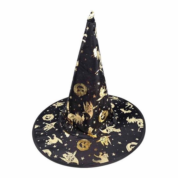 XIAOCHA Womens Printed Witch Hat Halloween Wide‑Brim Wizard Hat Party Headwear,Gold