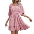 thumbnail image 1 of XIAOCHA Womens Puff Sleeve Casual Dress Square Neck Ruched Bust Wide Waistband Ruffle Hem Mini Dress Comfortable Weekend Casual Dress, 1 of 2
