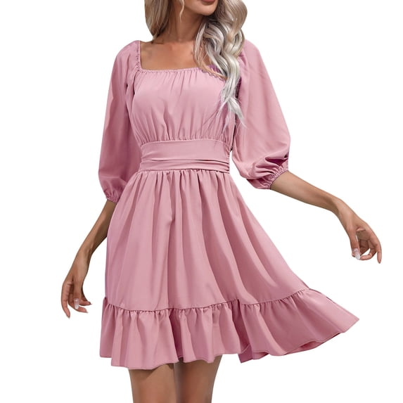 XIAOCHA Womens Puff Sleeve Casual Dress Square Neck Ruched Bust Wide Waistband Ruffle Hem Mini Dress Comfortable Weekend Casual Dress