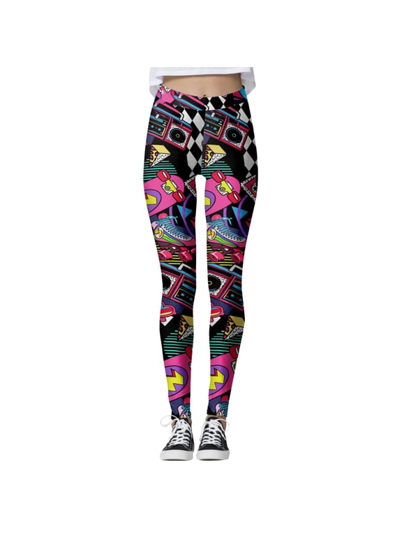 Womens Retro 80s Print High Waist Leggings Stretchy Casual Party Streetwear Athletic Tights