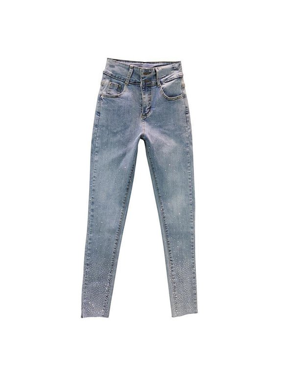 Womens Rhinestone Decorated High Waist Jeans Button Closure Stretch Fit Casual Streetwear Denim Pants